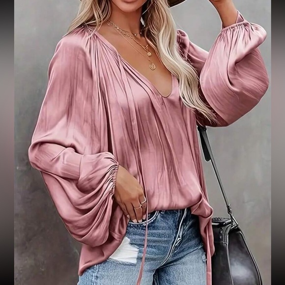 Luxe pink tie neck lantern sleeve blouse - Picture 2 of 14